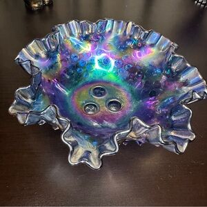 Fenton Poppy Amethyst Carnival Opalescent Hobnail Espergne 3 Candle Holder Bowl